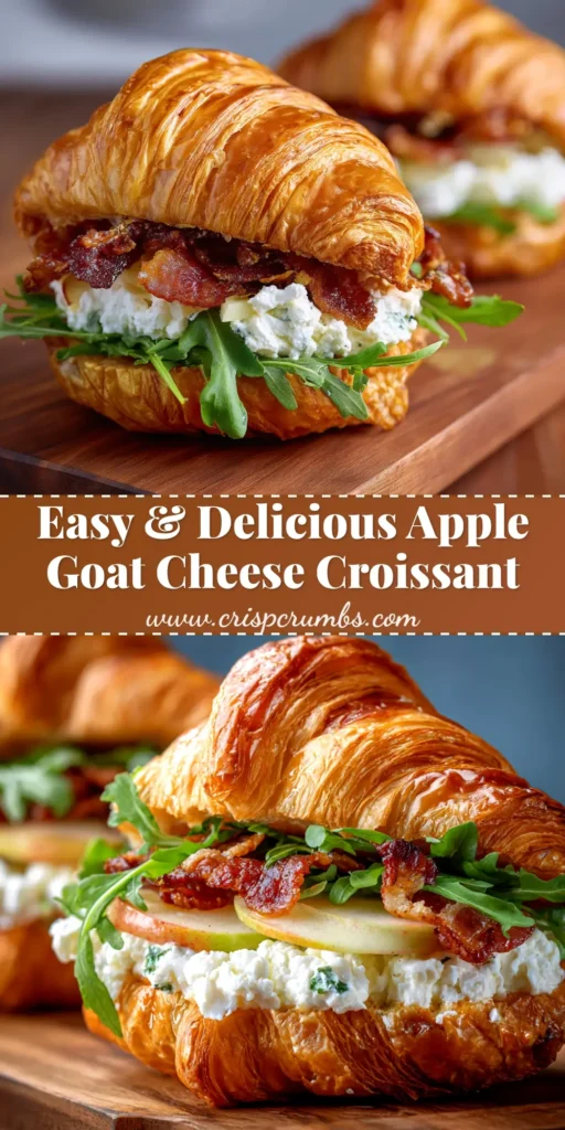 A beautiful overhead shot of a golden-brown Apple Goat Cheese Croissant, drizzled with honey and garnished with fresh thyme on a rustic wooden board.