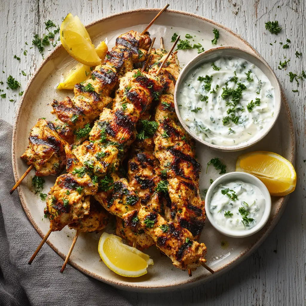 A close-up of a single Greek chicken souvlaki skewer resting on a white plate, showing the tender, marinated chicken pieces.
