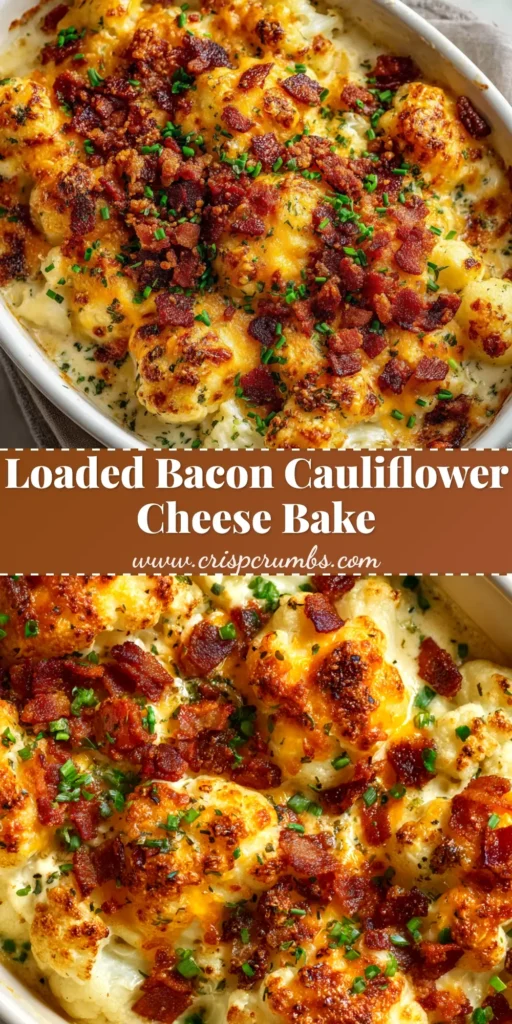 A delicious Bacon Cauliflower Cheese Bake in a white casserole dish, topped with crispy bacon and fresh chives. A perfect low-carb and keto-friendly side dish.