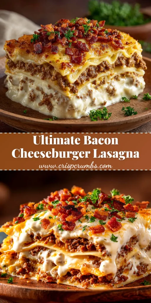 A delicious slice of Bacon Cheeseburger Lasagna on a white plate, showing layers of ground beef, cheese, and pasta. The perfect easy family dinner recipe.