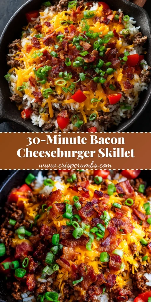 A vibrant overhead shot of the Bacon Cheeseburger Rice Skillet in a cast iron pan, showing melted cheese, crispy bacon, and ground beef mixed with rice.