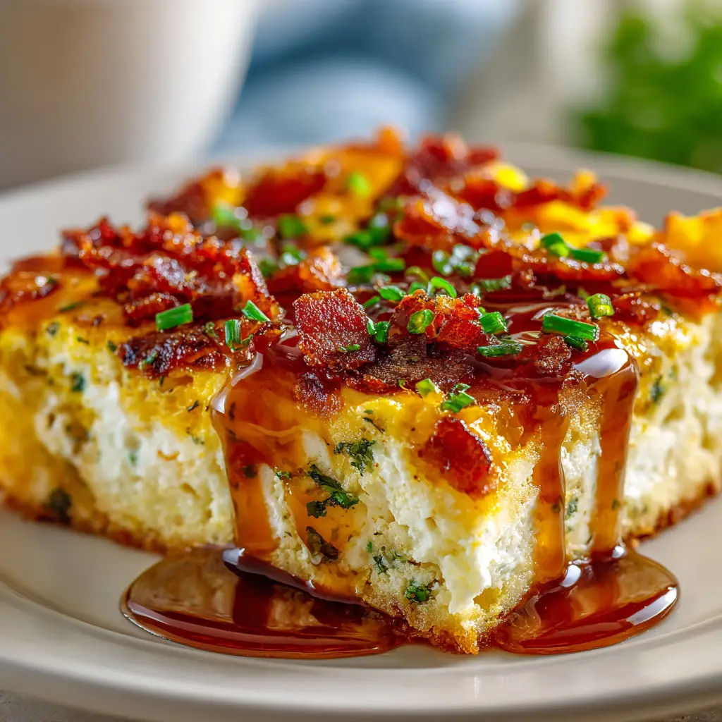 The fully baked sausage breakfast casserole in a white 9x13 baking dish. The top is golden-brown with bubbly, melted cheddar cheese, ready for serving.
