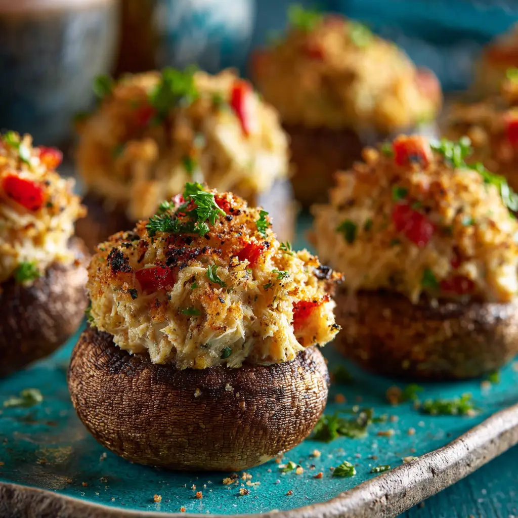 A batch of easy crab-stuffed mushrooms fresh out of the oven, with golden-brown Panko topping and bubbling filling. The perfect appetizer.