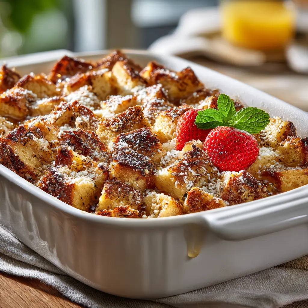 A close-up slice of baked French Toast Casserole on a plate, revealing the soft, custardy interior and crisp streusel topping. A fork is poised to take a bite.