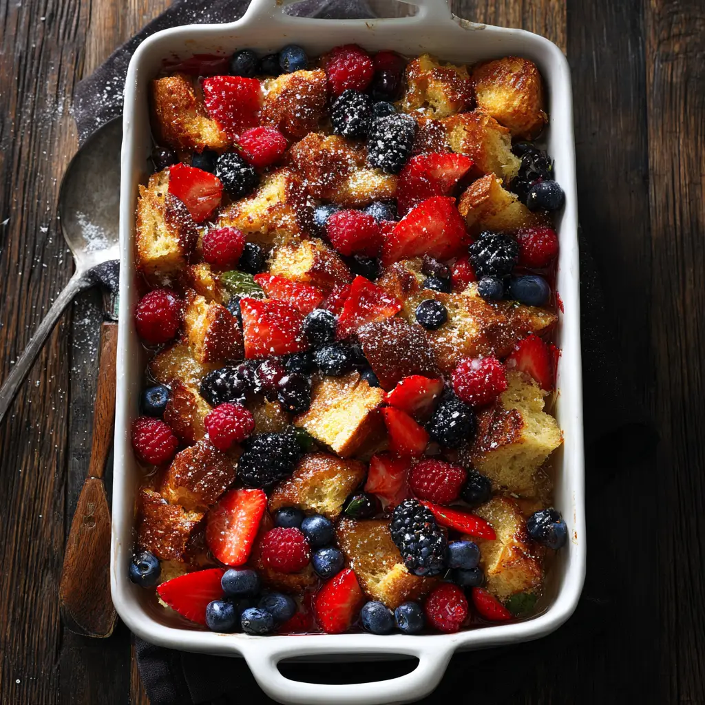 A golden-brown baked overnight french toast casserole fresh out of the oven, topped with a delicious cinnamon streusel topping in a white ceramic dish.