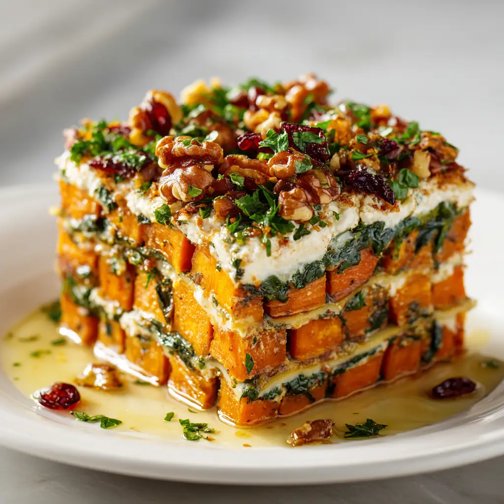 The full 9x13 baking dish of baked sweet potato lasagna, with golden brown cheese on top and a slice already served.