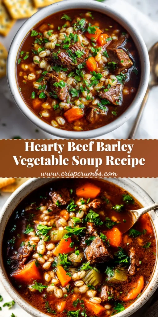A close-up shot of a white bowl filled with rich Beef Barley Vegetable Soup, garnished with fresh parsley. The perfect hearty winter meal.