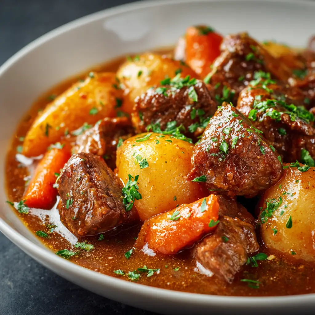 A spoonful of homemade crockpot beef stew, showing the perfect bite of tender meat, potato, and carrot.