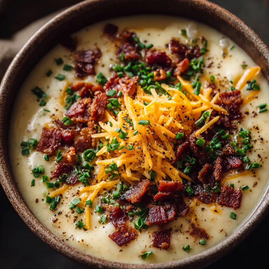 A beautiful overhead view of a bowl of the best loaded baked potato soup, filled with chunks of potato, bacon, and cheese, ready to be served.