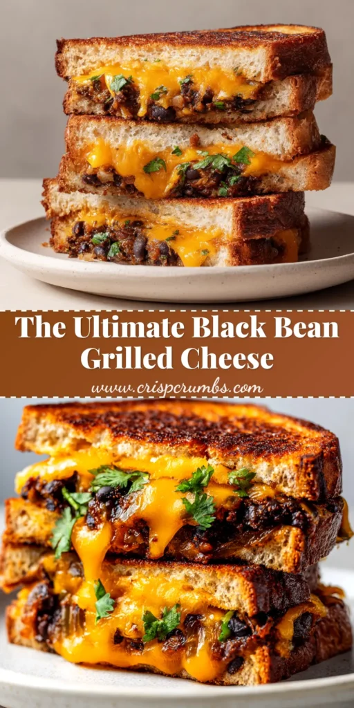A delicious Black Bean Grilled Cheese sandwich cut in half to show the gooey, melted cheese and savory black bean filling. The perfect quick and easy lunch idea.