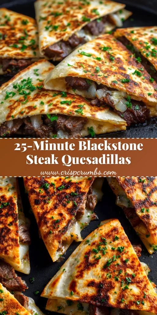 An overhead shot of delicious Blackstone Steak Quesadillas sliced into wedges and served on a platter. The quesadillas are golden brown and filled with juicy steak, peppers, and melted cheese.