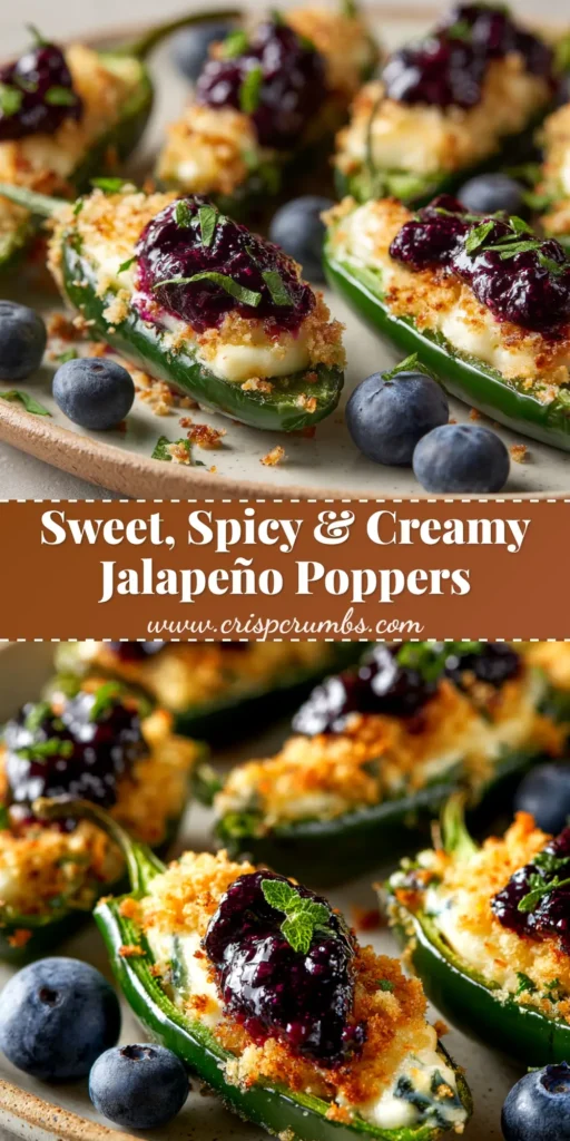 A platter of delicious Blueberry Brie Jalapeño Poppers, wrapped in crispy bacon and glistening with a sweet blueberry glaze. The perfect sweet and spicy appetizer.