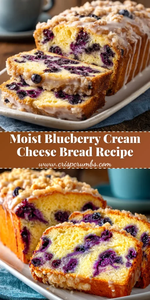 A beautiful sliced loaf of Blueberry Cream Cheese Bread, showcasing the juicy blueberries and rich cream cheese swirl. The perfect easy quick bread recipe.