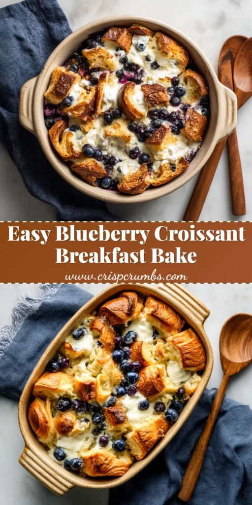 An overhead shot of a baked Blueberry Cream Cheese Croissant Casserole in a white baking dish, dusted with powdered sugar and ready to be served.