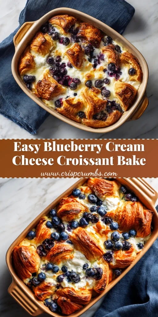 A delicious Blueberry Cream Cheese Croissant Casserole in a white baking dish, topped with fresh blueberries and powdered sugar, ready to be served for a perfect brunch.