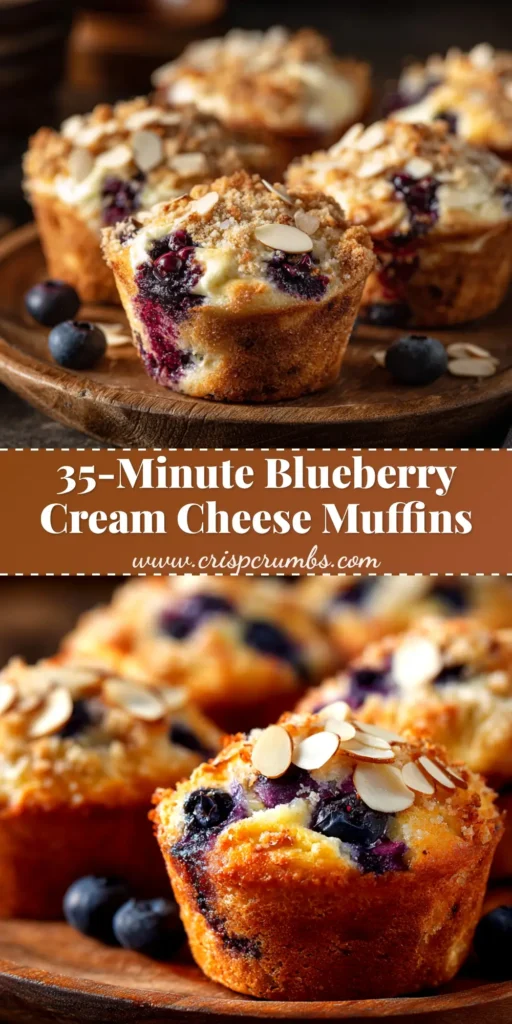A pan of delicious homemade Blueberry Cream Cheese Muffins with a crunchy streusel topping, one muffin is broken open to show the creamy filling.