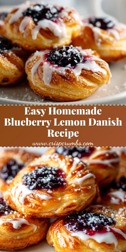 An overhead shot of a perfectly baked Blueberry Lemon Cream Cheese Danish, drizzled with a sweet lemon glaze and sitting on a piece of parchment paper.