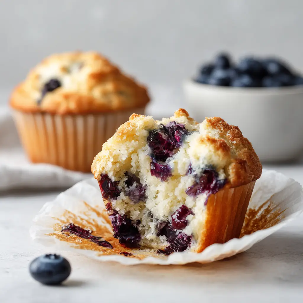 A close-up of a golden-brown blueberry muffin with a crunchy sugar topping, highlighting the perfect bakery-style dome.