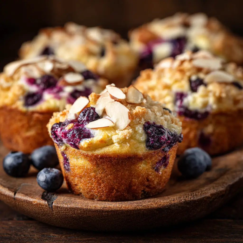 A blueberry cream cheese muffin split in half, revealing the juicy blueberries and the creamy cheese filling inside.