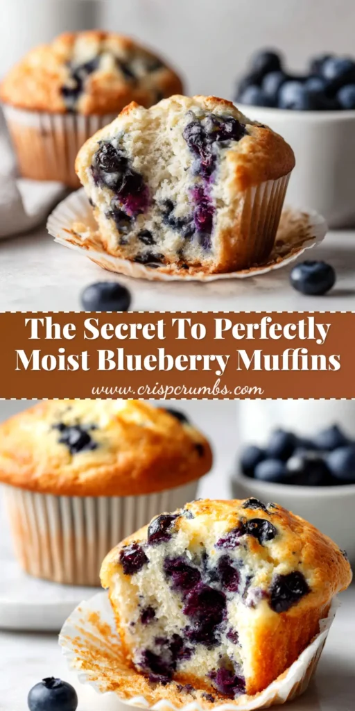 A stack of incredibly moist blueberry muffins with yogurt, with one muffin broken open to show the juicy blueberries inside. The muffins have golden, domed tops.