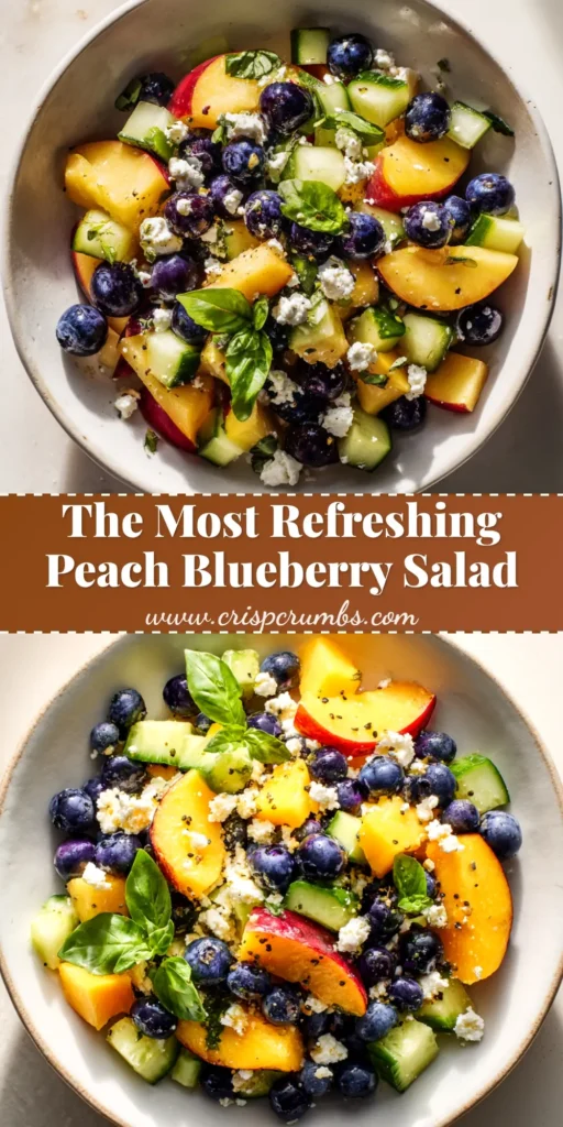 A vibrant Blueberry Peach Feta Salad in a white bowl, showcasing fresh peaches, blueberries, and feta cheese, with a zesty lemon-basil vinaigrette. The perfect healthy summer salad recipe.