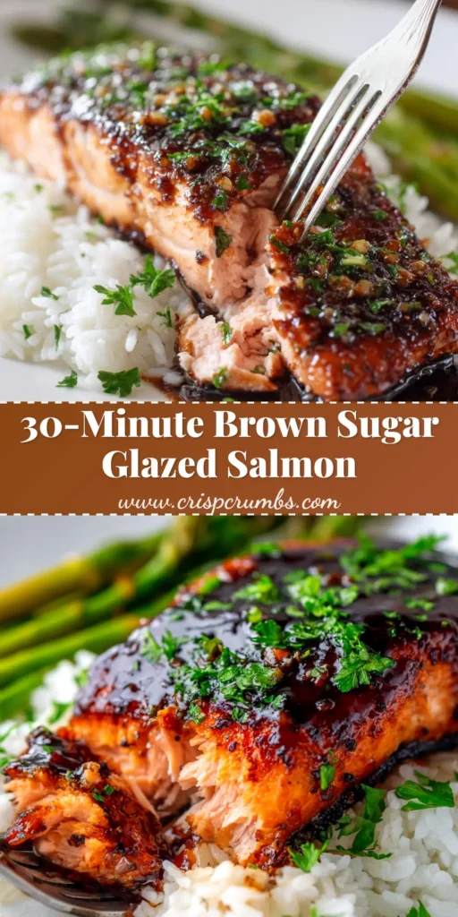 A close-up of a perfectly cooked brown sugar glazed salmon fillet on a plate, garnished with fresh parsley. The glaze is bubbly and caramelized.