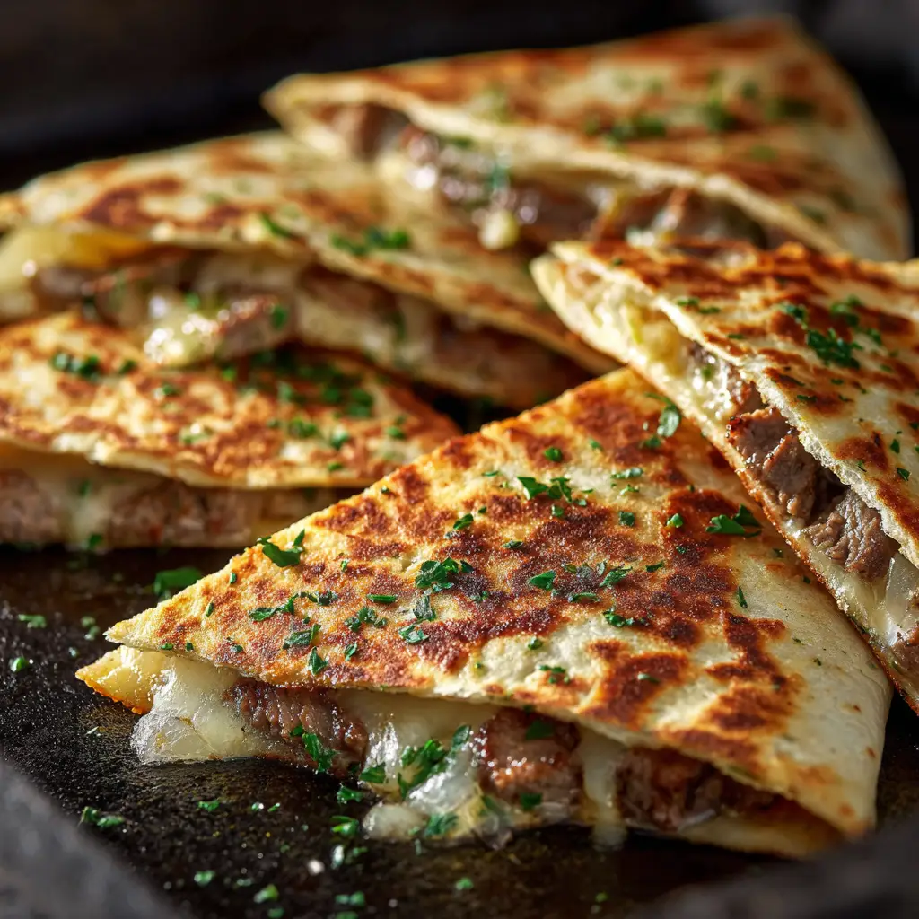 A close-up view of a Blackstone Steak Quesadilla being assembled on the griddle. The tortilla is topped with juicy steak, colorful peppers, and a generous amount of shredded cheese.