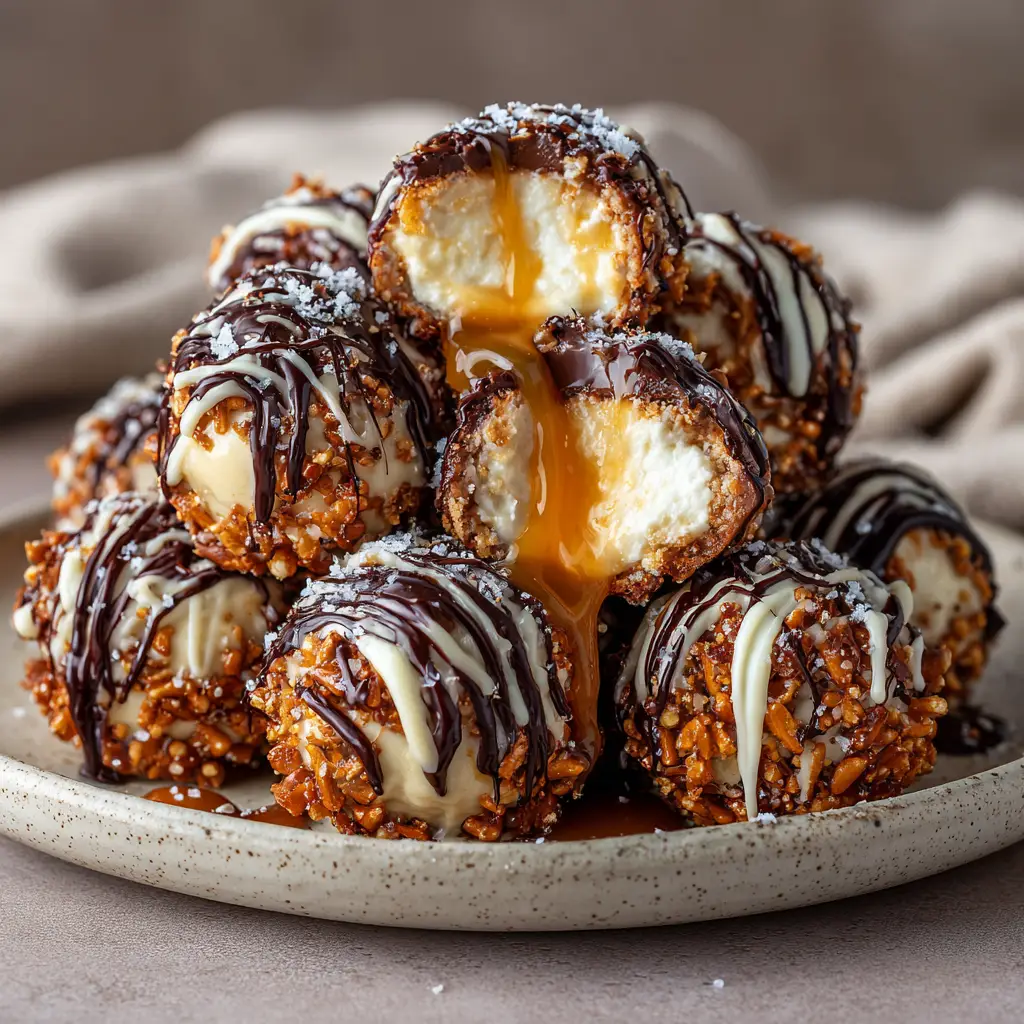 A finished plate of sweet and salty caramel dessert balls, with one cut in half to show the creamy cheesecake center.