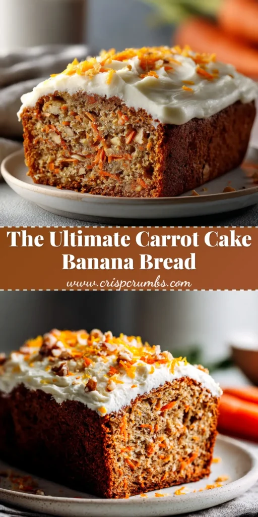 A beautiful loaf of Carrot Cake Banana Bread on a wooden board, with one slice cut to show the moist interior with carrots and nuts, topped with cream cheese frosting.