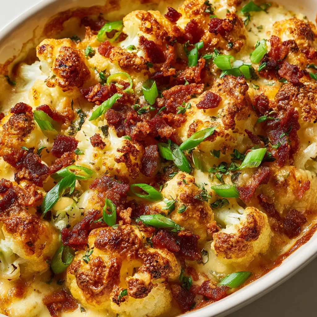 A close-up shot of the cheesy cauliflower bake, showing the creamy texture of the sauce and tender cauliflower florets.