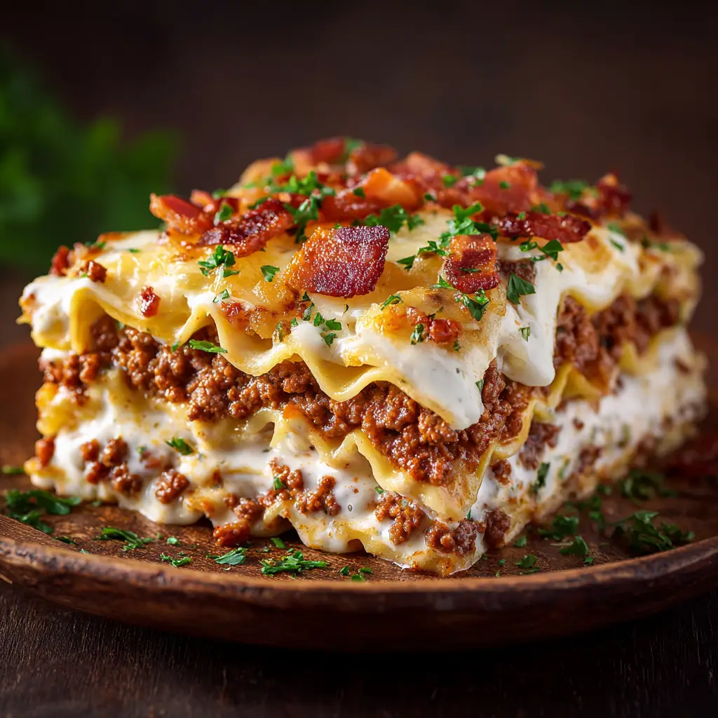 The full 9x13 dish of cheesy ground beef lasagna bake fresh from the oven, with a golden-brown top and crispy bacon.