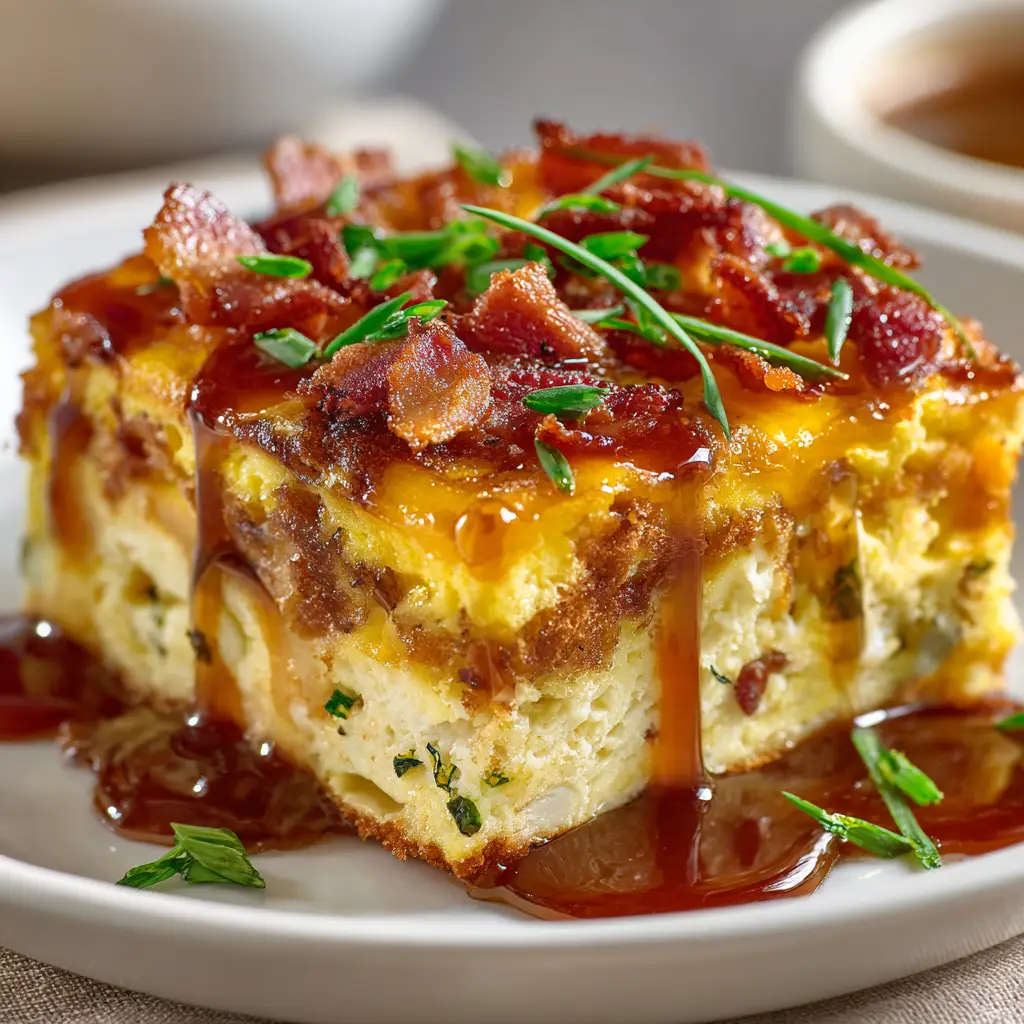 A close-up shot of a square slice of cheesy egg breakfast casserole on a white plate, showing the fluffy texture.