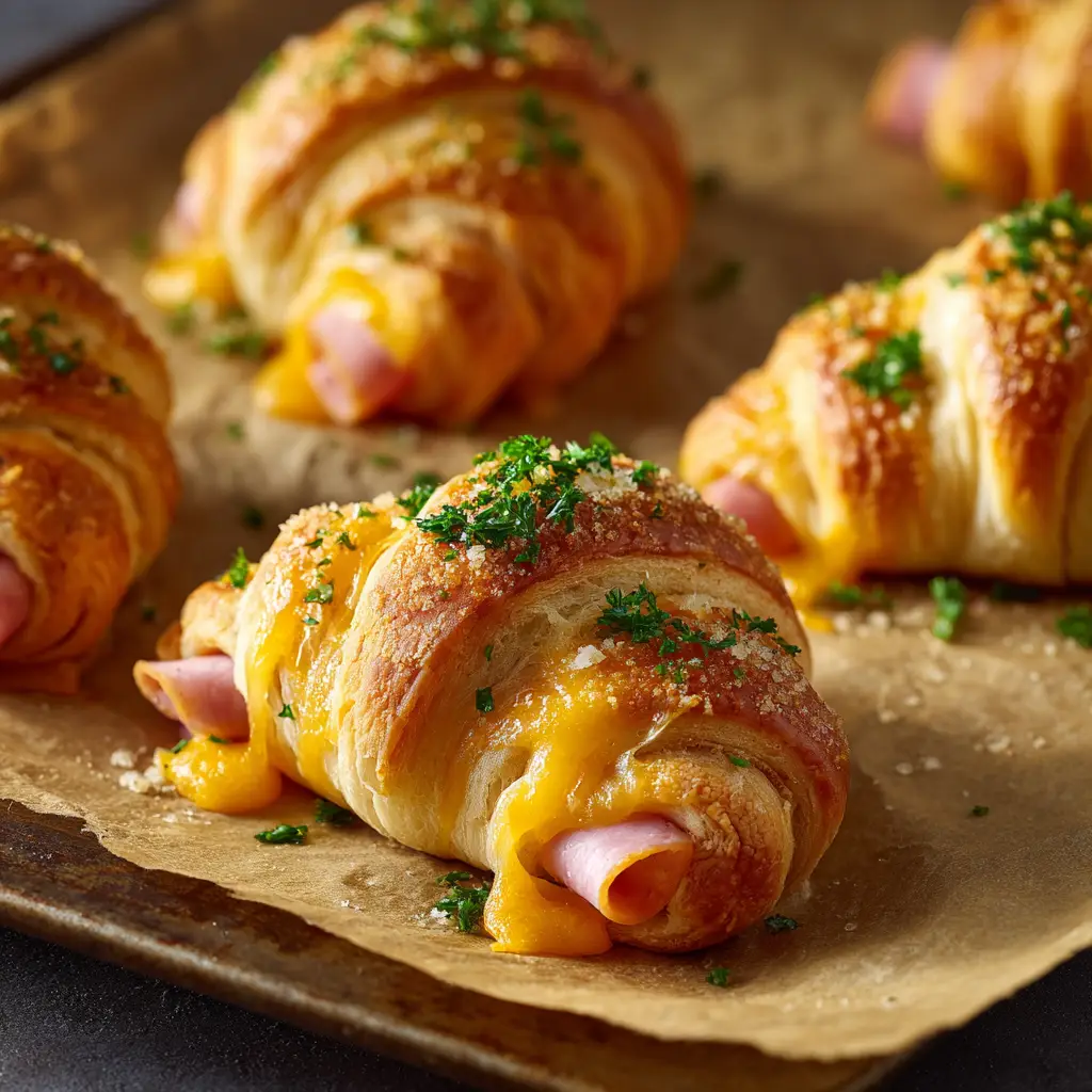 A tray of cheesy ham roll-ups fresh from the oven, showing the melted cheese and flaky crescent dough.