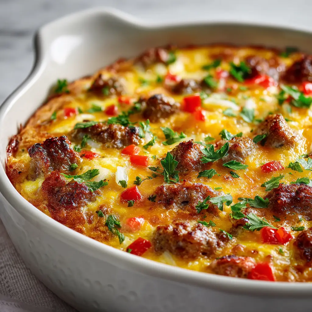A close-up shot of the cheesy hashbrown breakfast bake, showing the texture of the eggs, sausage, and melted cheddar cheese.
