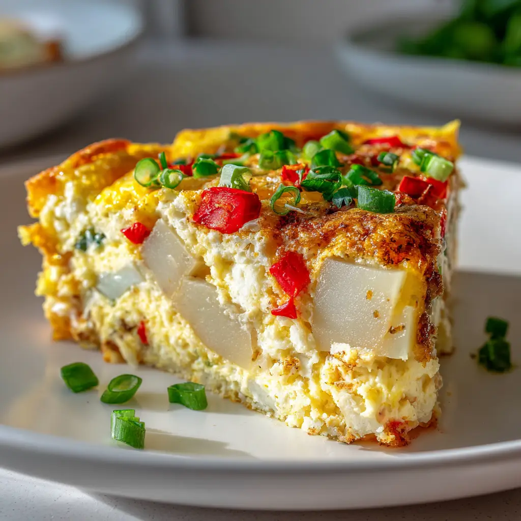 A close-up view of a thick slice of cheesy potato breakfast casserole on a fork, ready to be eaten. The layers of egg, potato, and sausage are clearly visible.