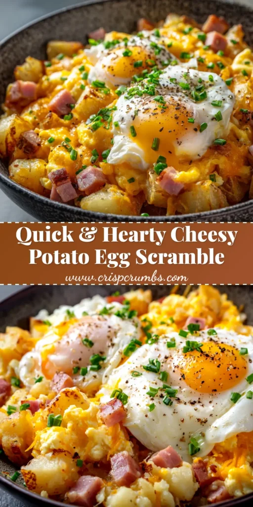 A top-down view of the cheesy potato egg scramble in a cast iron skillet, garnished with fresh chives. The perfect one-pan breakfast recipe.