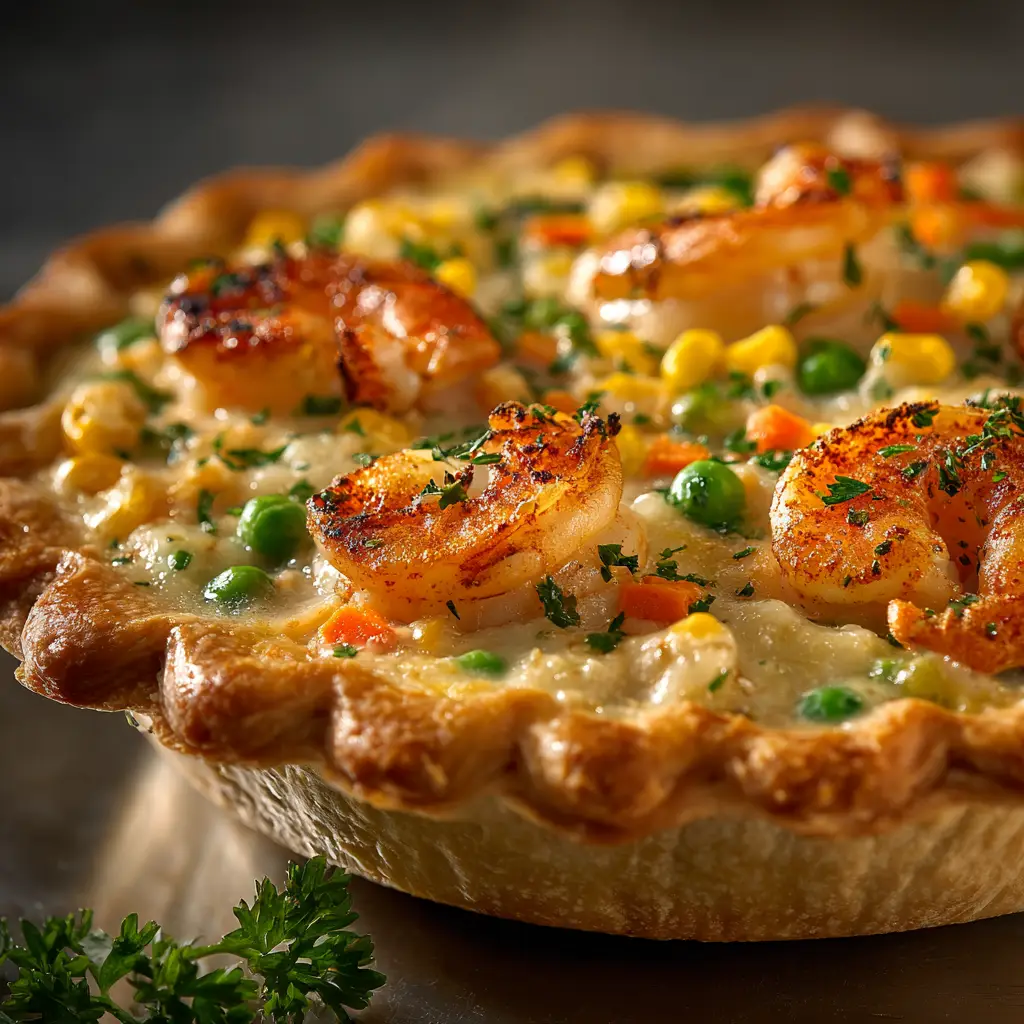 A top-down view of the cheesy shrimp bake before slicing, with a golden-brown cheddar topping and parsley garnish.