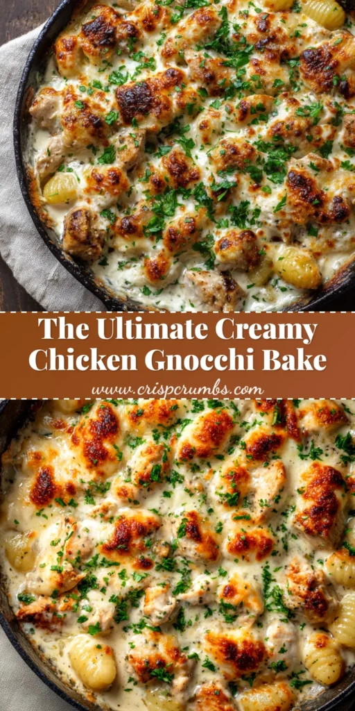 A delicious and creamy chicken alfredo gnocchi bake in a cast iron skillet, topped with melted mozzarella cheese and fresh parsley.