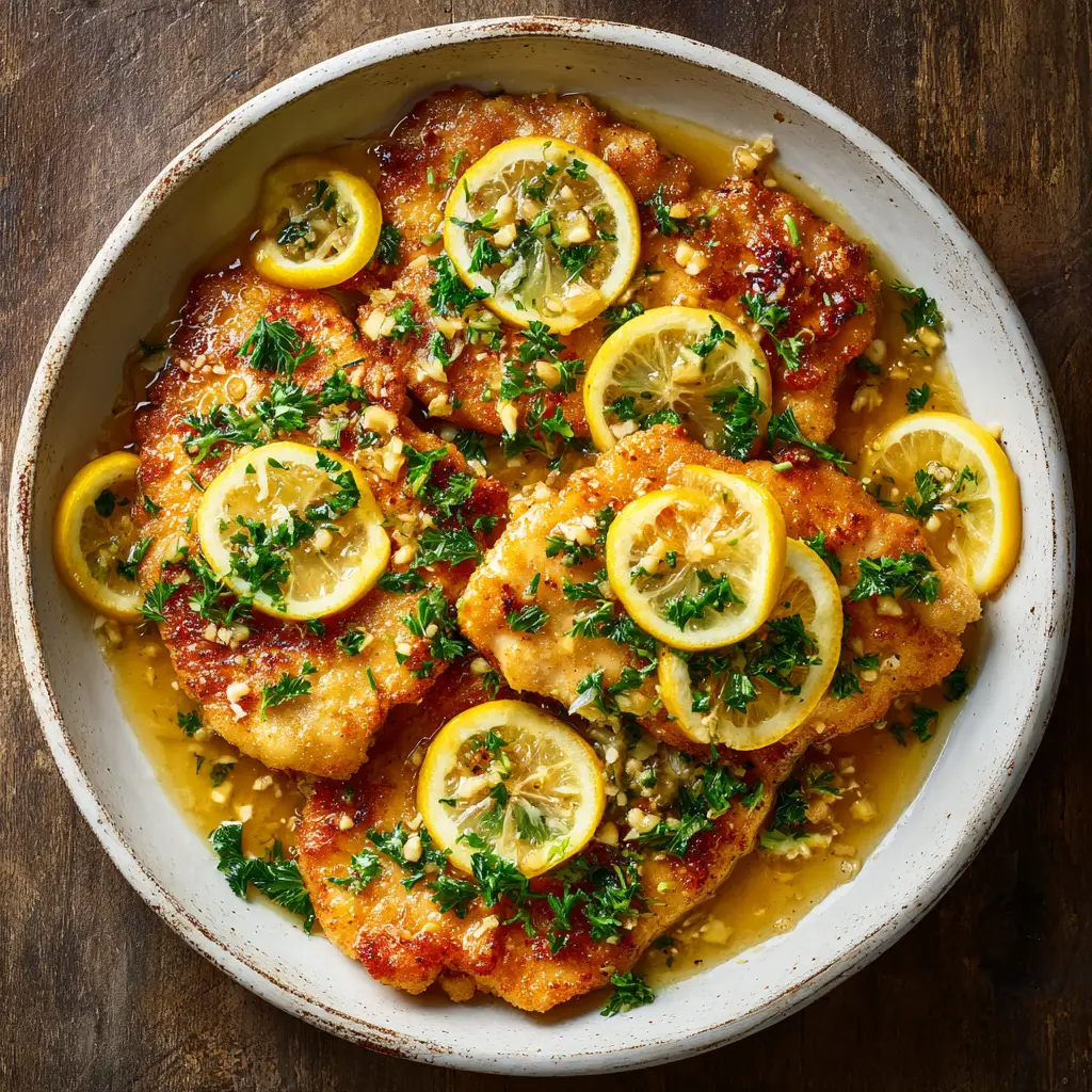 An extreme close-up overhead shot of a single serving of chicken francese, showing the texture of the light egg batter and the glistening lemon sauce.