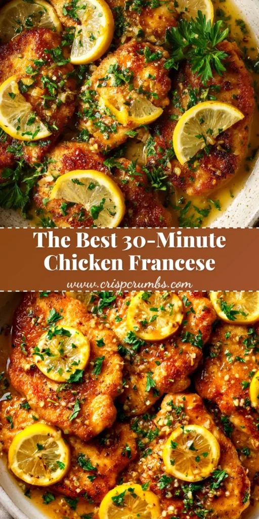 A beautiful platter of Chicken Francese, with golden-brown chicken cutlets covered in a silky lemon butter sauce and garnished with fresh parsley.