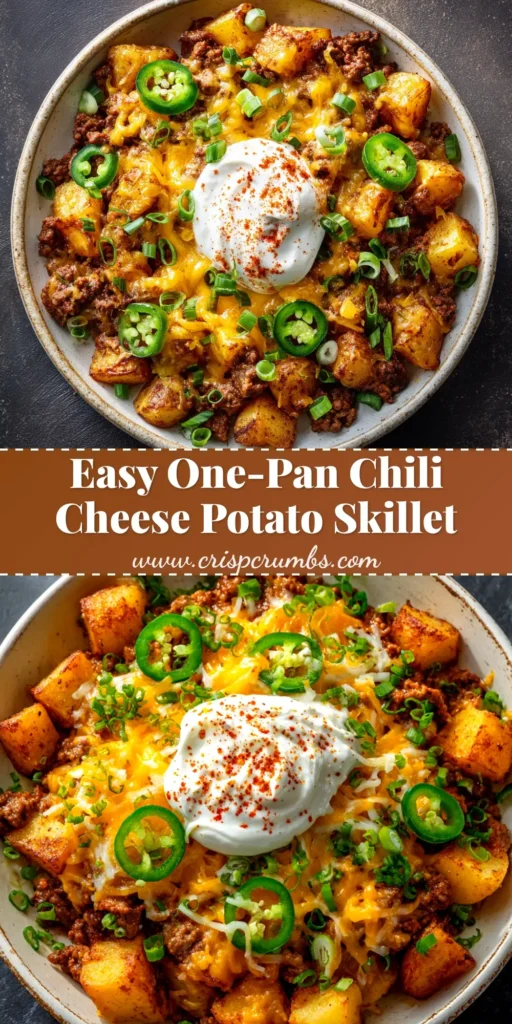 A delicious and hearty Chili Cheese Potato Skillet in a cast-iron pan, topped with melted cheddar cheese and fresh cilantro.