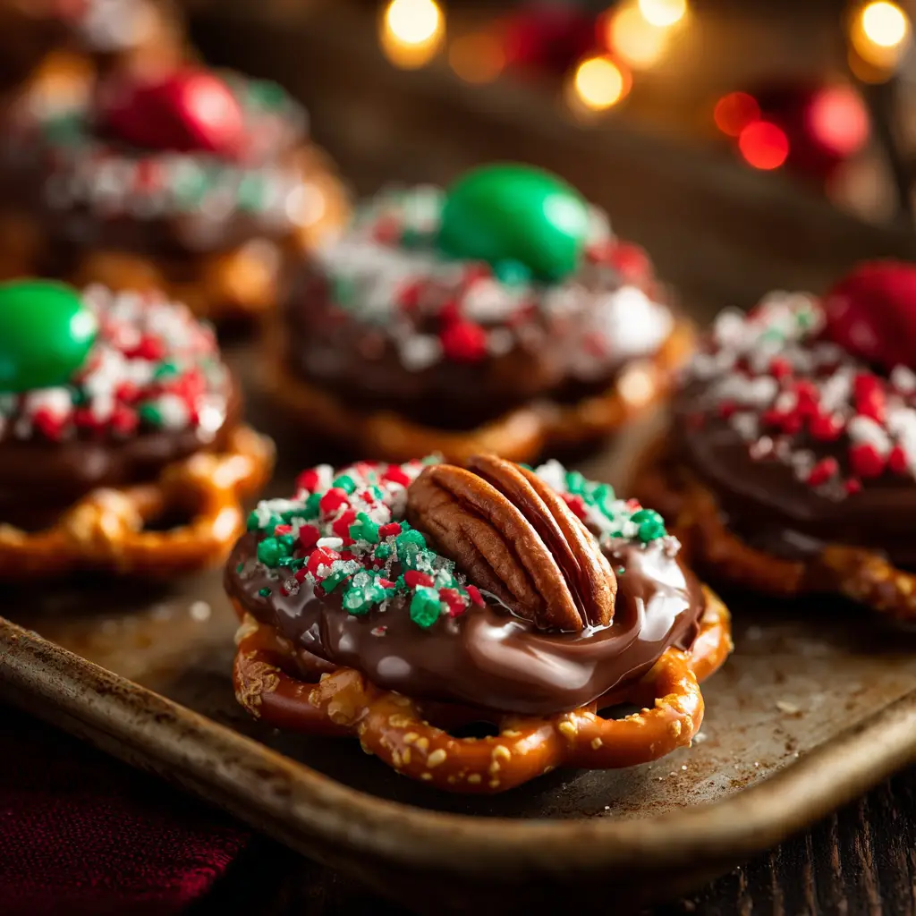 A beautiful spread of homemade chocolate caramel pretzel bites ready for a holiday party, showing the simplicity and appeal of the recipe.
