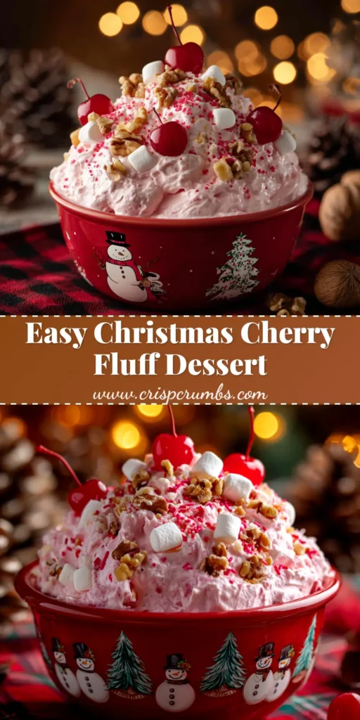 A large glass bowl of Christmas Cherry Fluff salad, showing the pink, creamy texture with cherries and marshmallows, ready to be served as a holiday dessert.