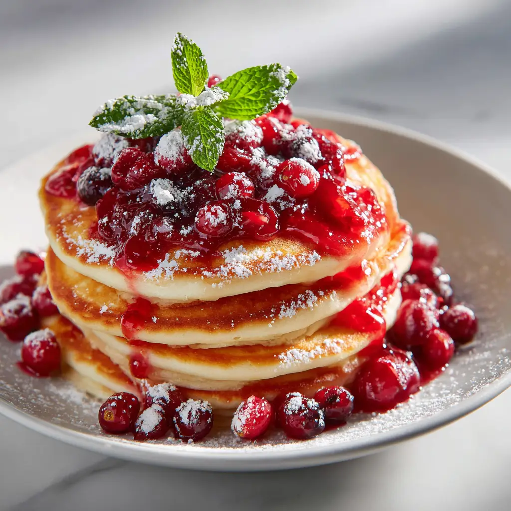A beautiful spread for a Christmas morning breakfast featuring a stack of pancakes, a cup of coffee, and festive decorations.