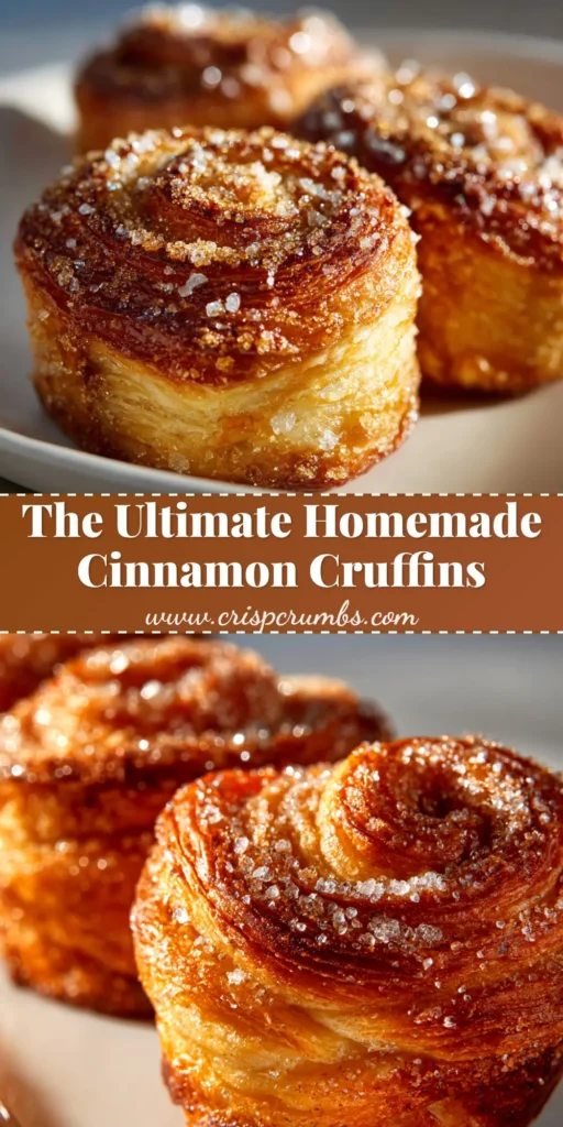 A delicious homemade Cinnamon Cruffins Recipe, showing several cruffins with flaky layers, coated in cinnamon sugar and arranged beautifully.