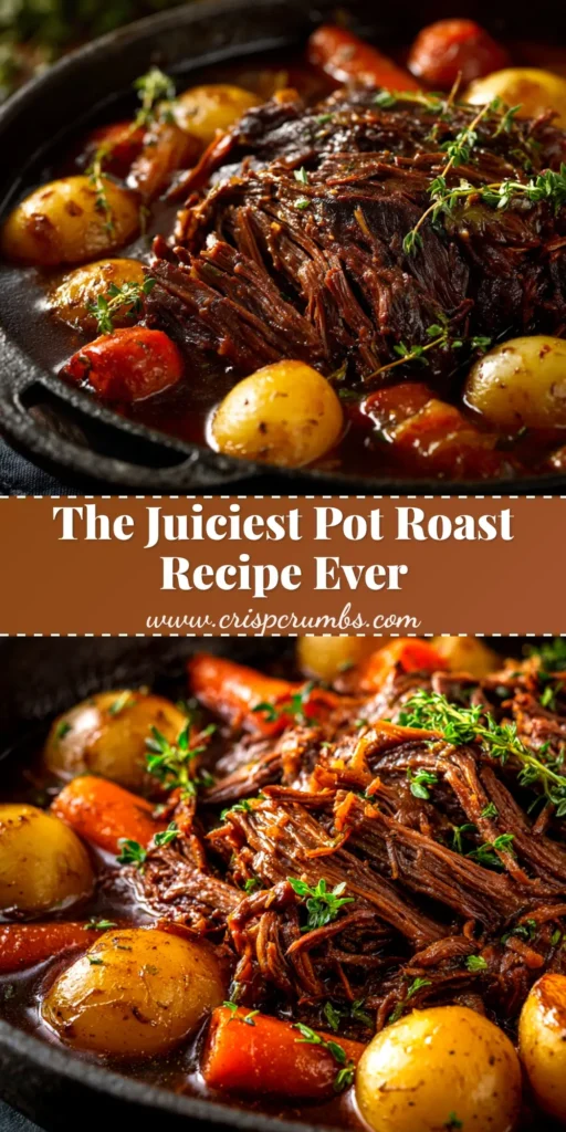 An overhead shot of a perfectly cooked Classic Pot Roast Recipe, shredded in a rich brown gravy and surrounded by tender carrots and potatoes in a cast-iron skillet.