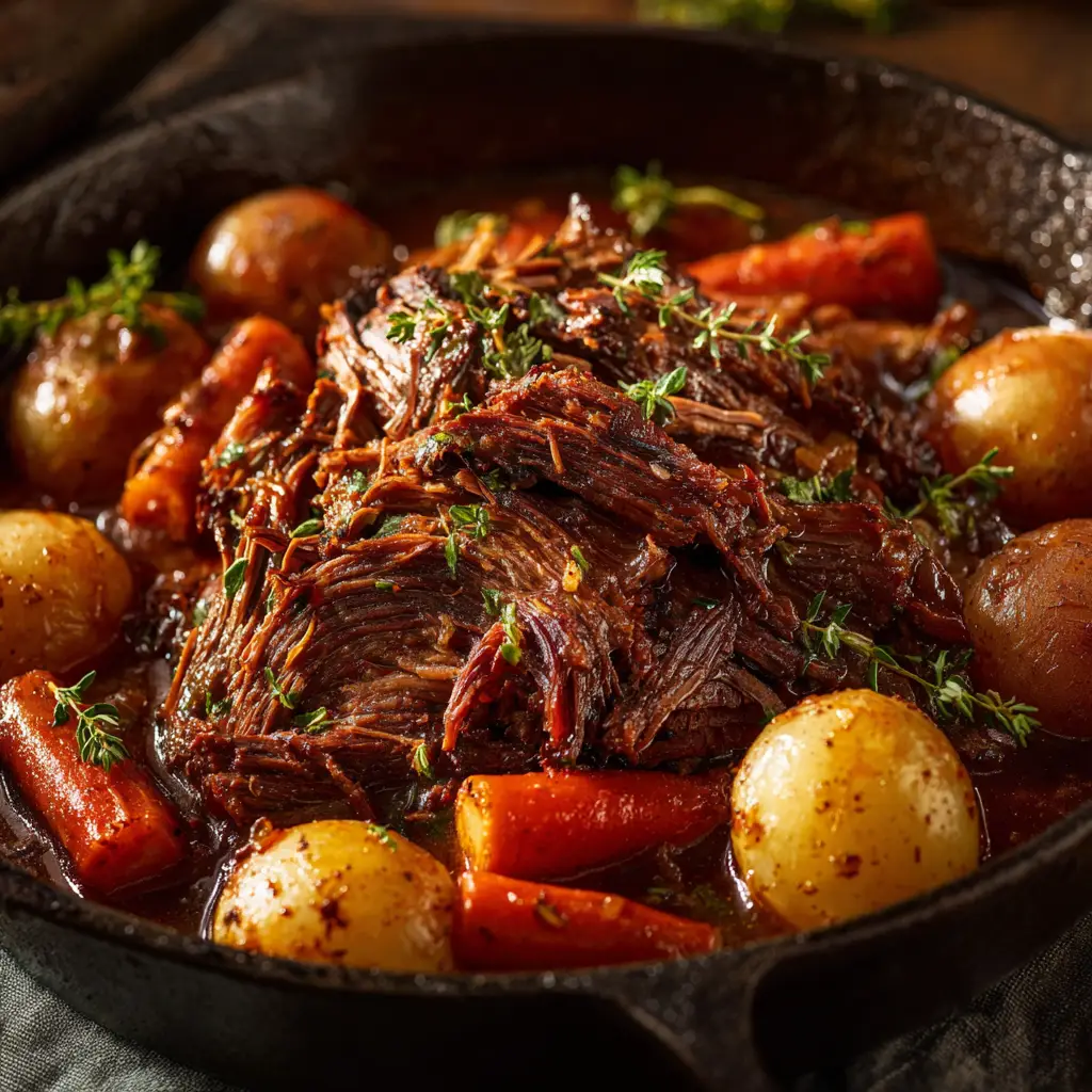 A serving of the classic pot roast on a plate, smothered in rich, dark gravy with carrots and potatoes.