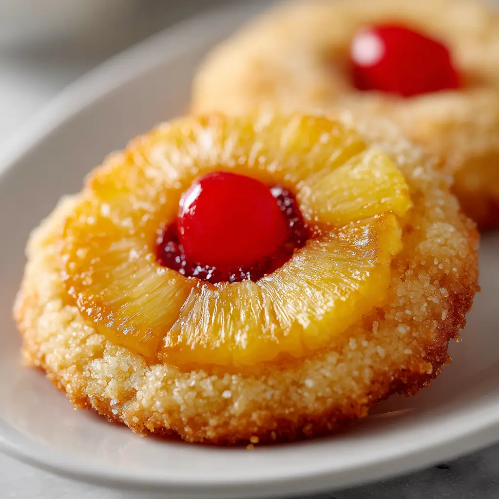 An extreme close-up shot of a single pineapple upside down sugar cookie, highlighting the glistening caramelized pineapple and the soft, chewy cookie texture.