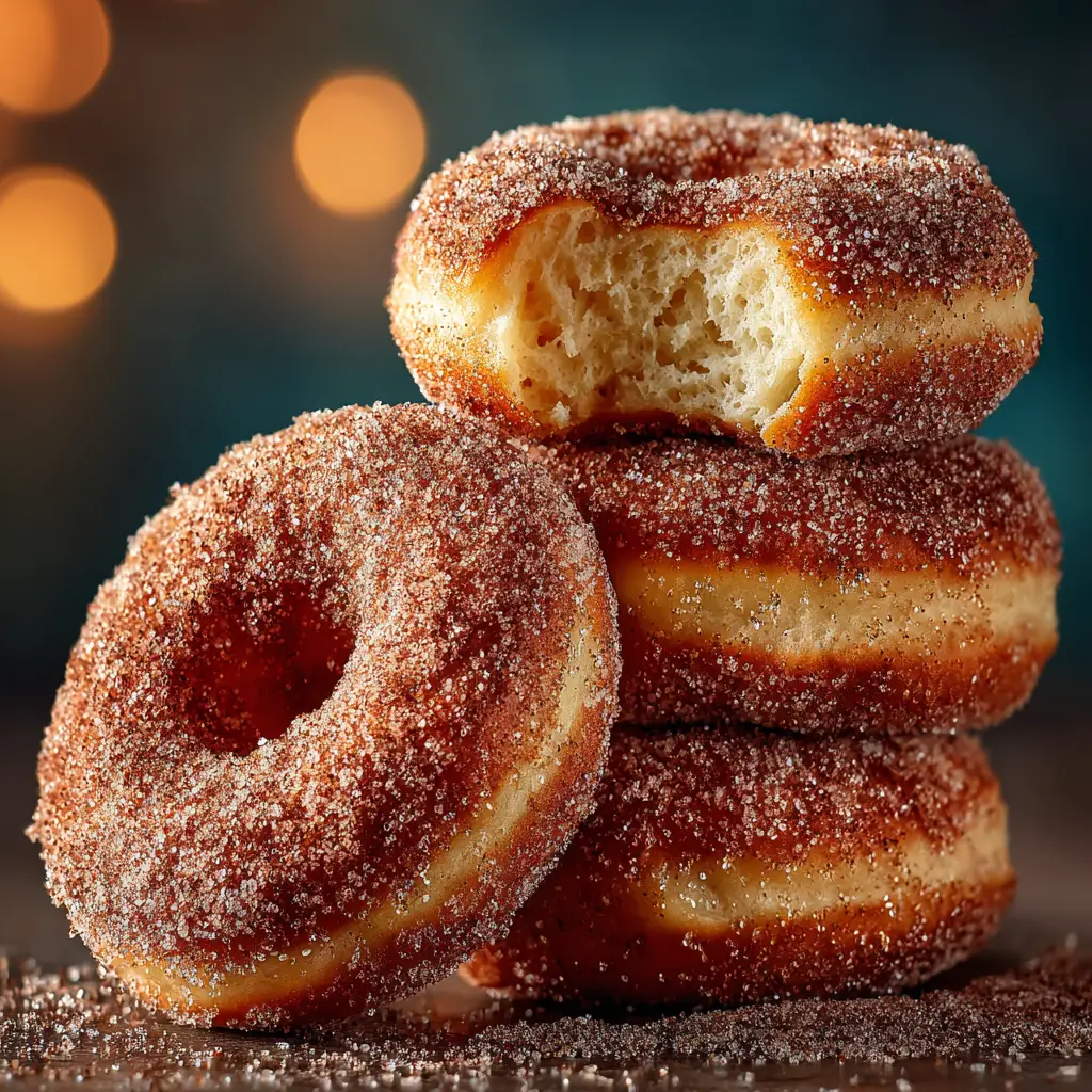 A baker dipping a warm baked donut into a bowl of cinnamon sugar, illustrating a key step in the baked apple cider donuts recipe.