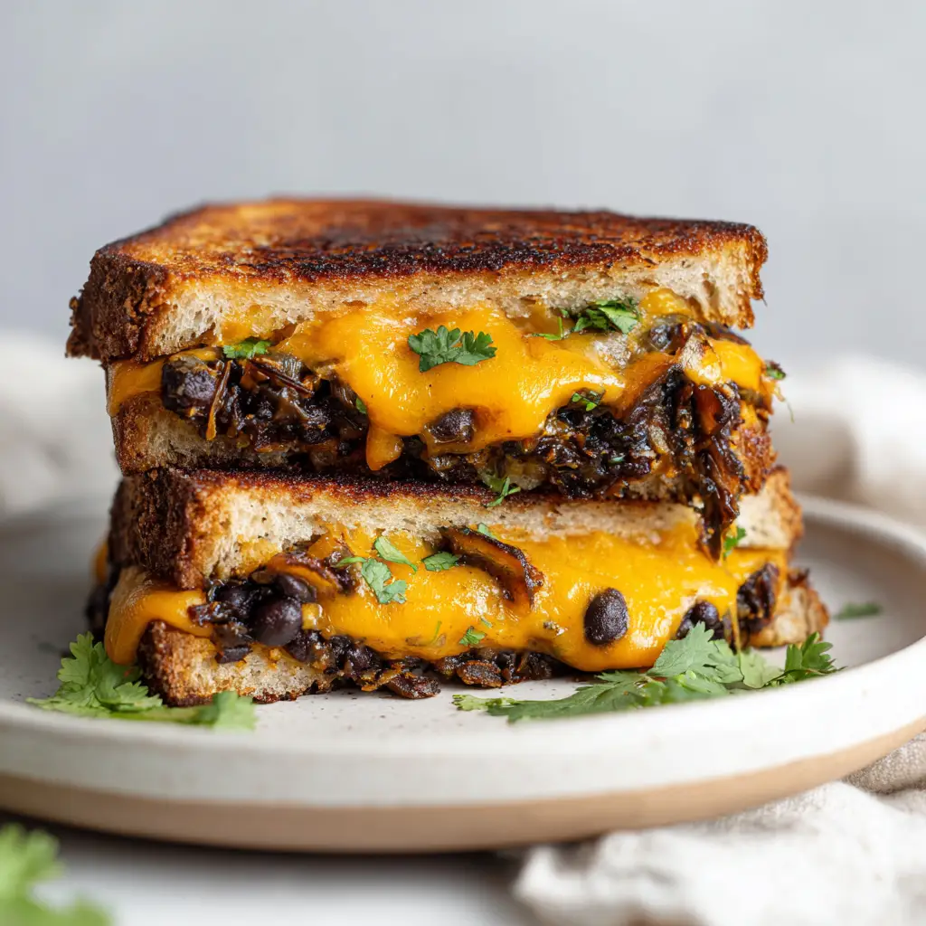 Two halves of a perfectly golden-brown black bean grilled cheese sandwich stacked on a plate, ready to be served.